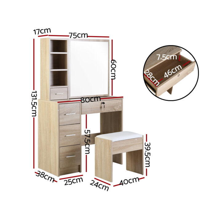 Artiss Dressing Table Stool Set Sliding Mirror Oak Diane - Image 2